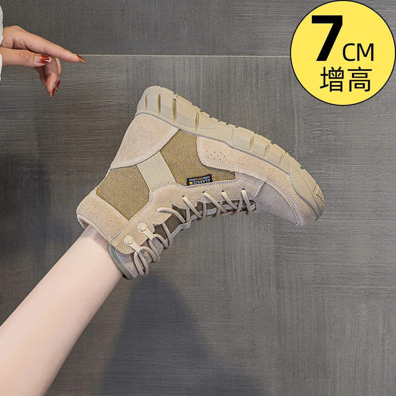 7CM内增高帆布马丁靴女夏季薄款2025新款厚底沙漠靴春秋高帮短靴