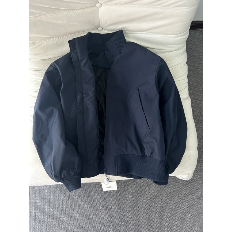 藏青色立领白鸭绒羽绒服男冬季高级感飞行员棉服cleanfit夹克外套