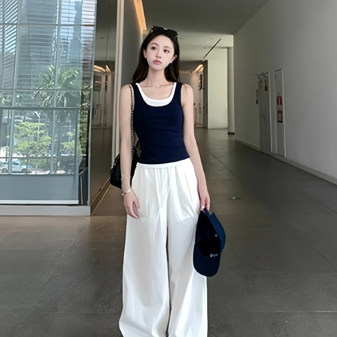 时尚设计感假两件吊带背心撞色短款无袖U领上衣休闲阔腿裤两件套
