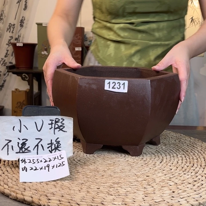 紫砂花盆 微微瑕特惠紫泥大宫灯六方1231