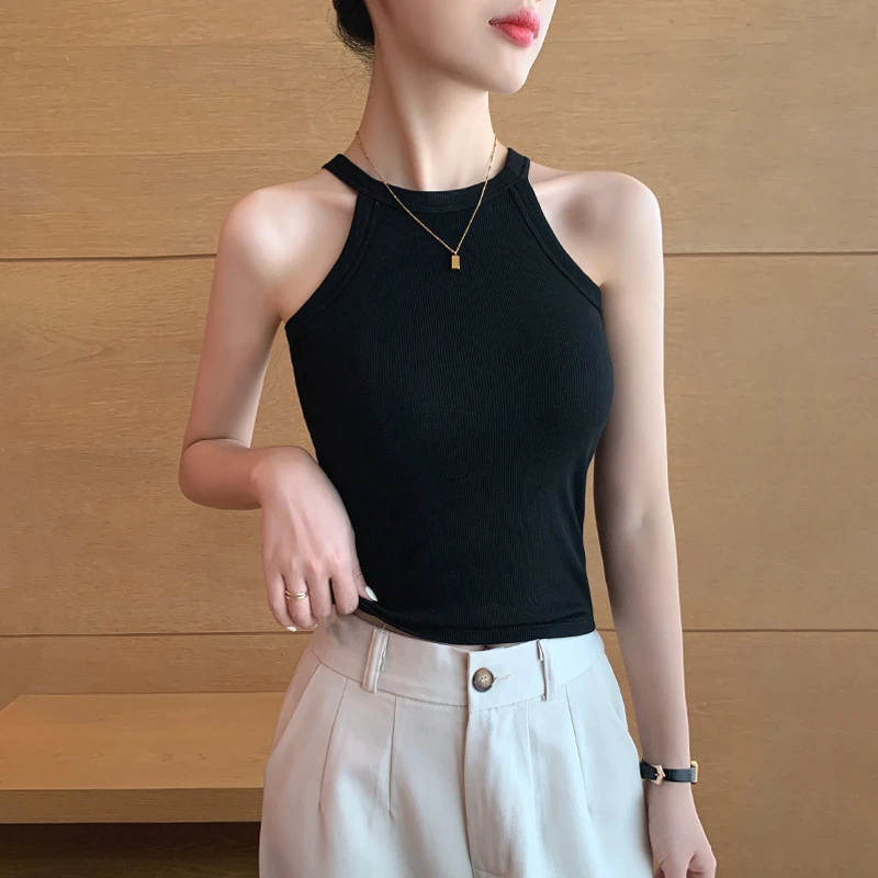 黑色挂脖吊带背心女带胸垫2025新款一体式美背打底内搭外穿上衣夏