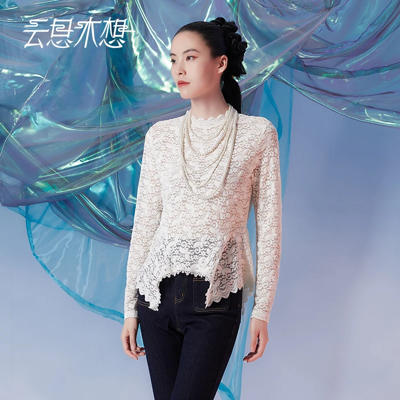Ysimo-X云思木想摩登国风女装2024秋季收腰花边衣摆蕾丝衫12016