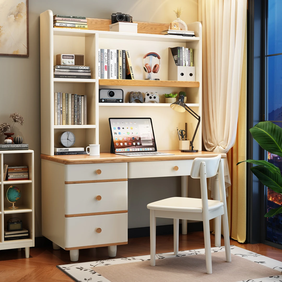 白蜡木书桌儿童写字桌书架书柜一体书房卧室电脑桌学习桌台式桌椅