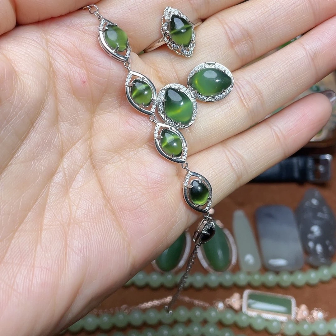 和田玉（碧玉）银S925镶嵌吊坠(不含链)套装