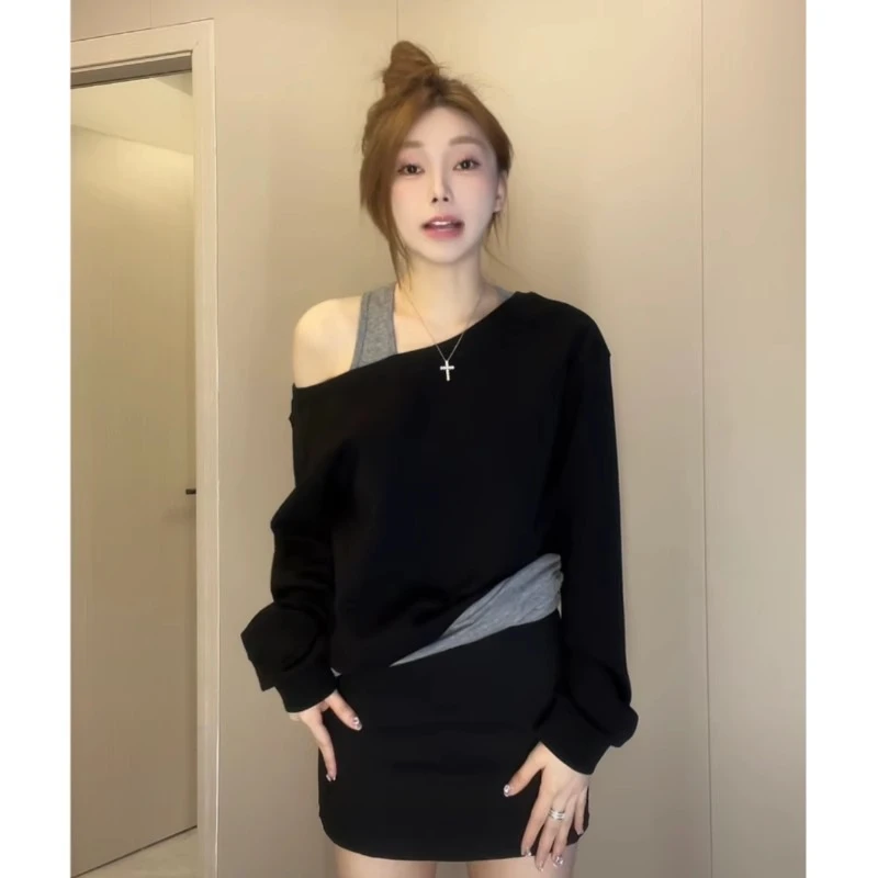 灰色露肩圆领卫衣女春季2025新款设计感宽松套头假两件长袖上衣潮