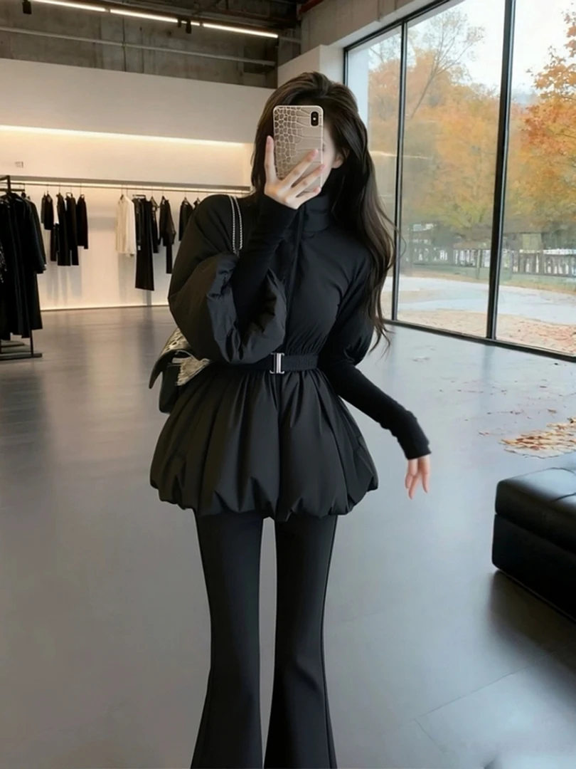 【现货】保暖棉服女冬季2025新款超好看气质收腰黑色花苞夹棉外套潮