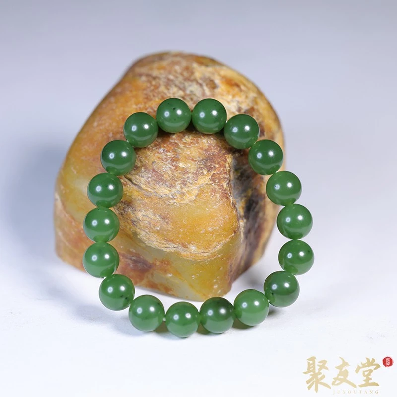 W22聚友堂玉雕11mm新疆和田玉籽料碧玉圆珠手链单圈手串珠串483