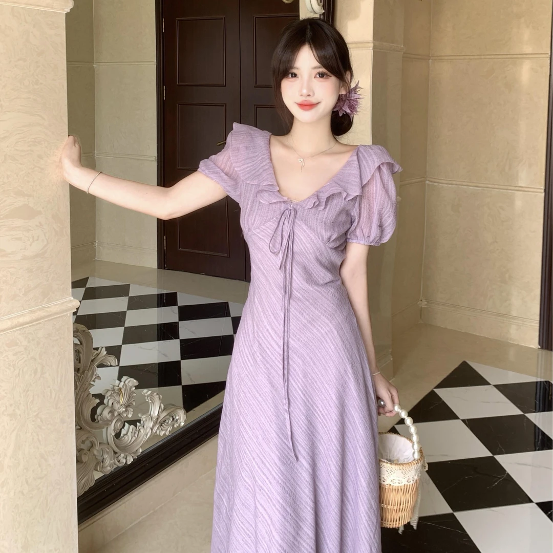 D078#夏季新款温柔风连衣裙荷叶边V领泡泡袖显瘦法式收腰连衣裙