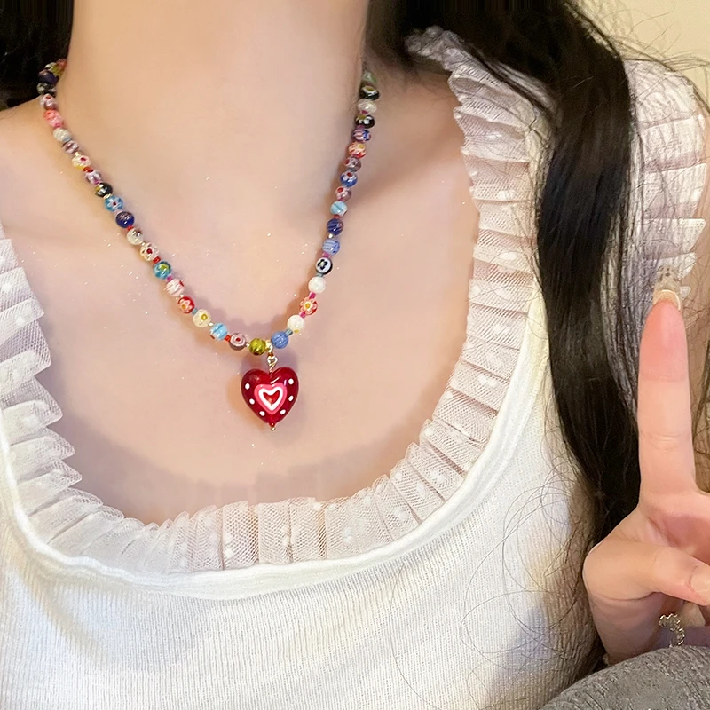 合金琉璃吊坠 彩色多巴胺爱心吊坠项链女甜酷辣妹风串珠锁骨链