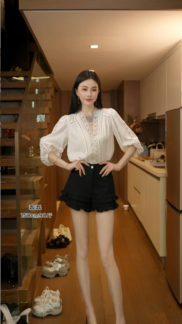 磊磊【繁花少女】牛仔短裤 重工花朵牛仔短裤#6661