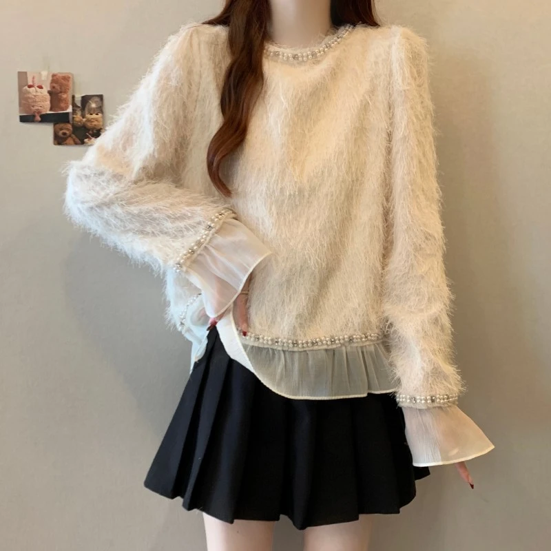 【新年穿搭】微胖妹妹大码早春法式钉钻雪纺荷叶花边下摆长袖套头潮