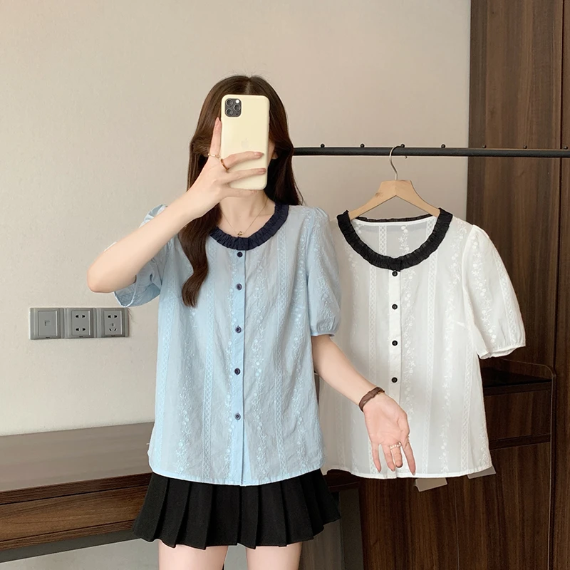 2025夏装新款胖mm大码女时尚撞色圆领提花衬衫老钱风松弛感女装潮
