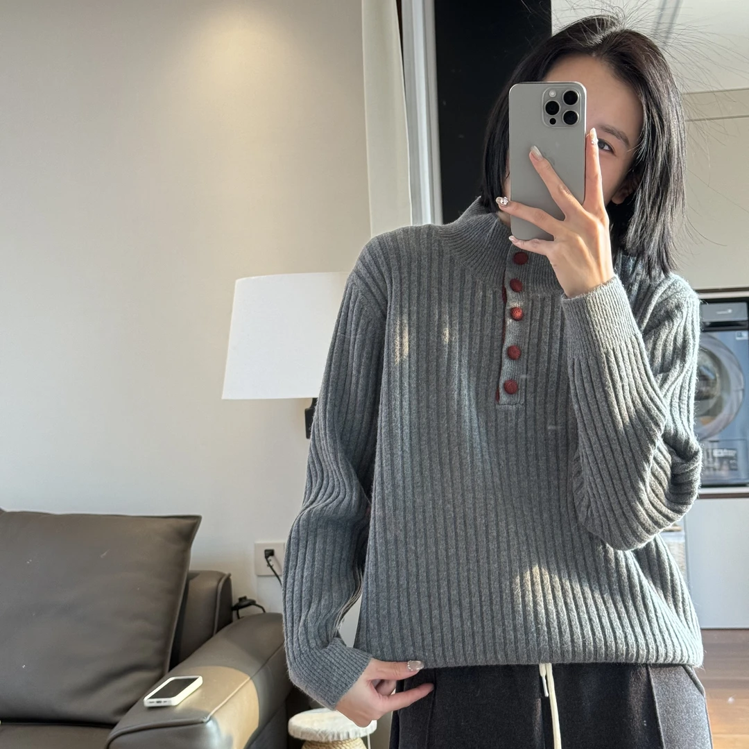 喜樂2024立领纯色套头针织衫冬季新款时尚百搭保暖女士上衣打底衫