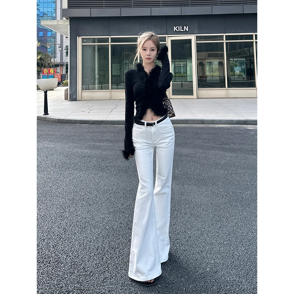 中腰白色喇叭裤25年新款辣妹显瘦宽边弹力牛仔喇叭长裤99357