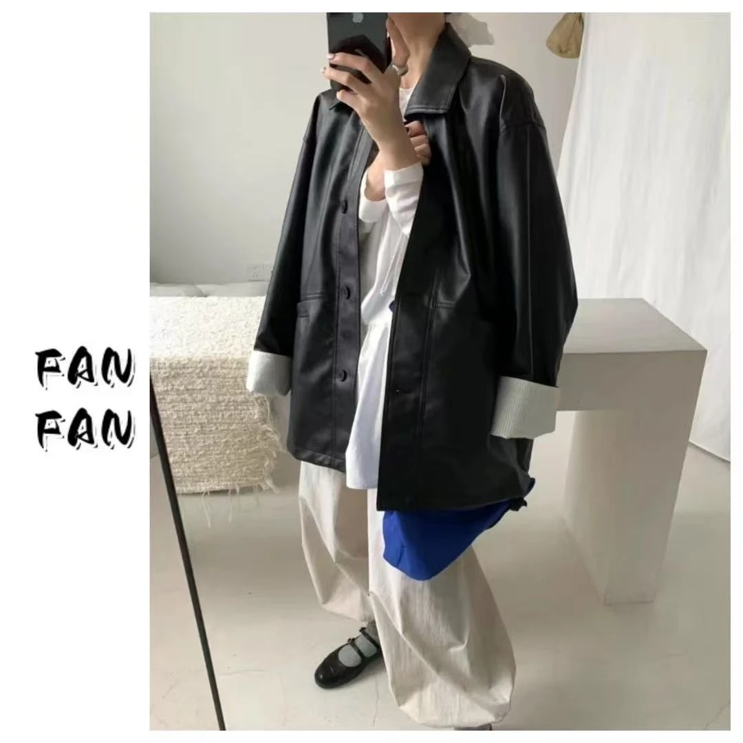 FANFAN【袖口翻边竖条纹】皮衣外套