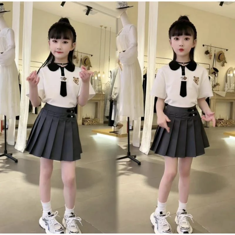 女童学院风套装夏款2025新款中大童卡通小熊POLO衫短袖百褶裙套裙