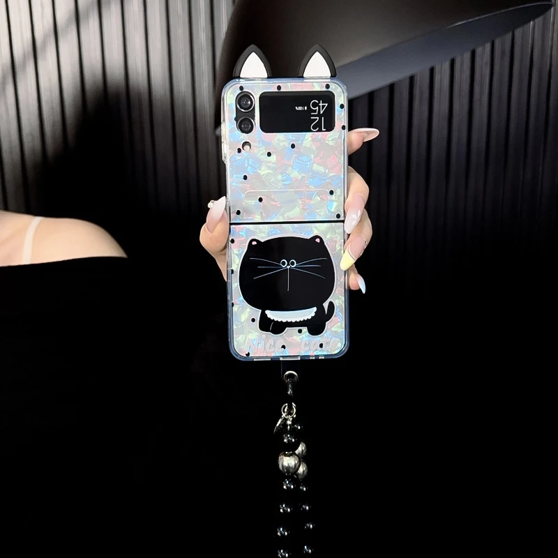 适用三星zflip3手机壳新款galaxy套w22flip小众波点黑猫耳朵diy女