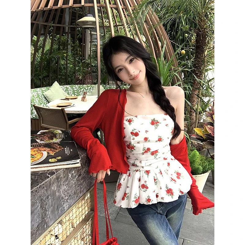 夏装搭配一整套绝美多巴胺chic甜辣穿搭红色开衫抹胸小上衣套装女