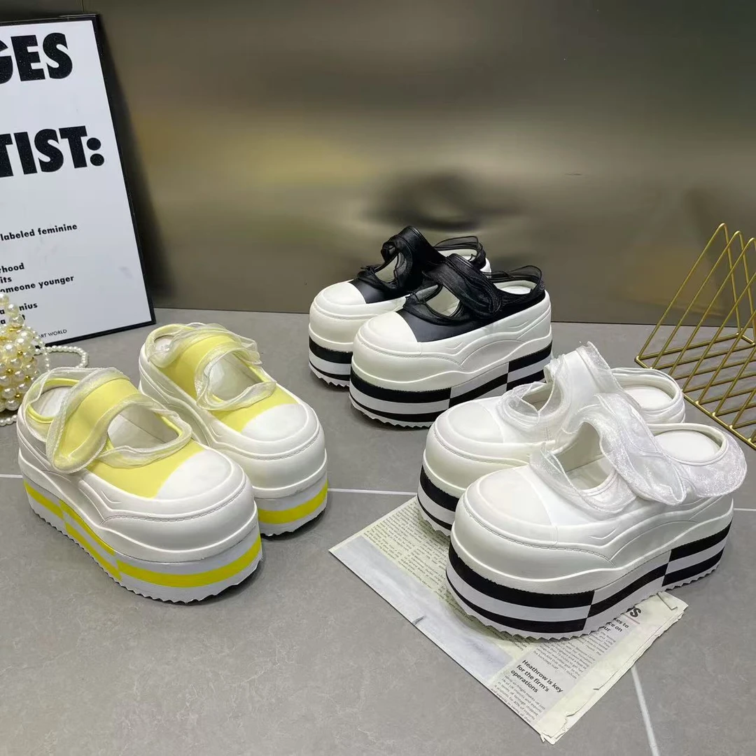 厚底松糕鞋魔术贴透气小白鞋女增高欧洲站帆布小个子港风夏季8cm