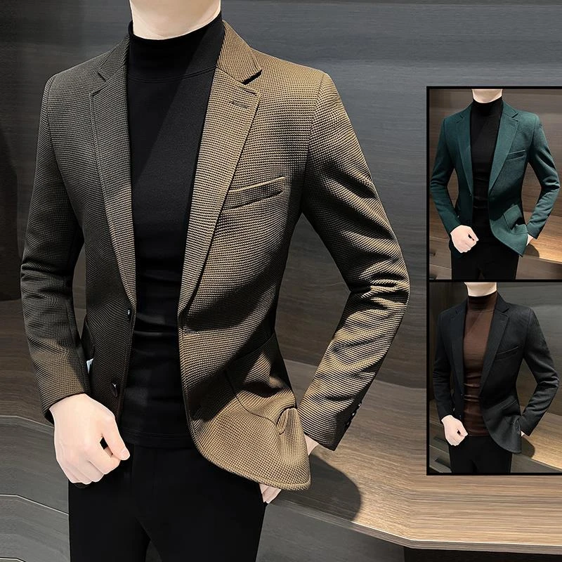 华夫格男士西装外套春秋季2025新款高级感痞帅修身休闲小西服男款