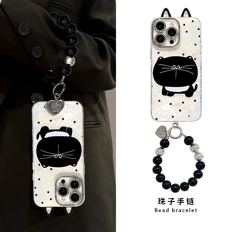 波点黑猫手链适用苹果16promax手机壳13可爱高级感15全包镜头膜14