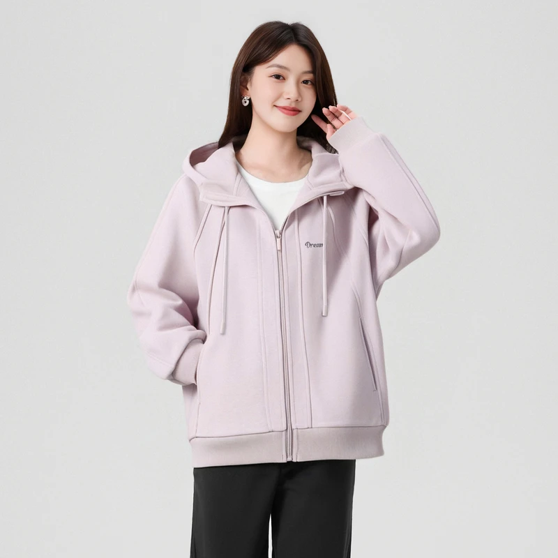 快鱼2025年秋新款开衫连帽卫衣外套女款宽松休闲运动灰色针织上衣