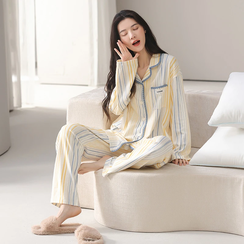 亲棉初品新款简约条纹纯棉长袖长裤睡衣女士春秋款休闲家居服套装