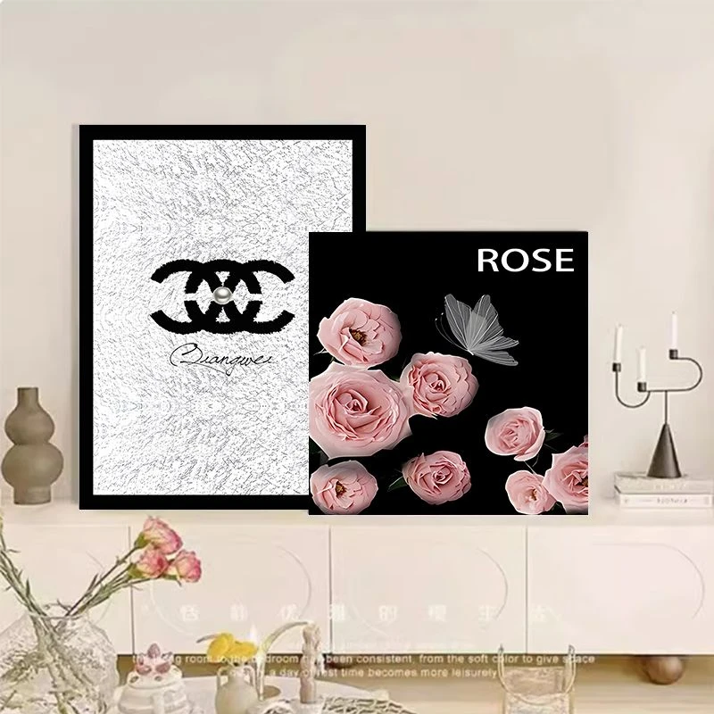 轻奢风粉色浪漫玫瑰磨砂细闪几何客厅沙发背景高级叠放装饰画