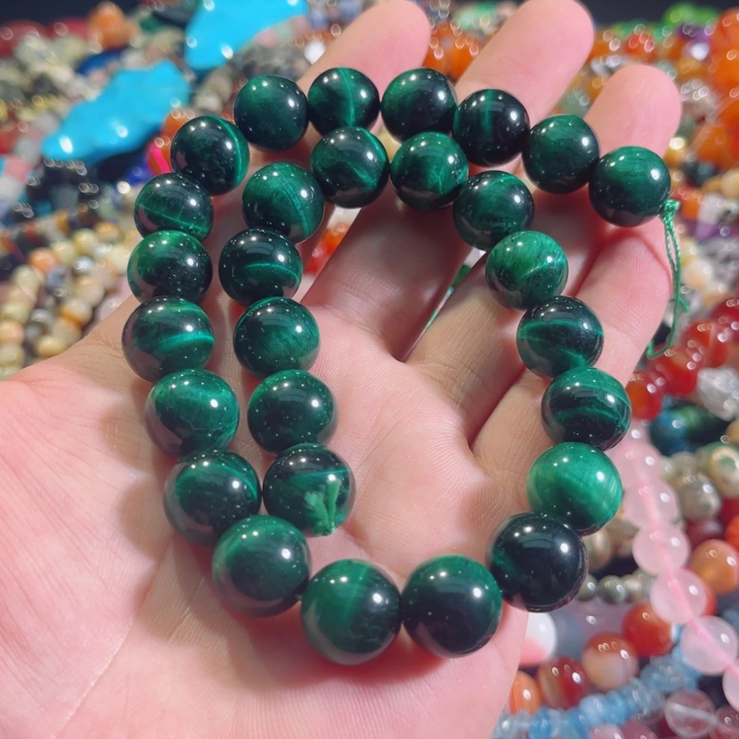 玛瑙/玉髓合金珠宝半成品绿虎眼一条14mm