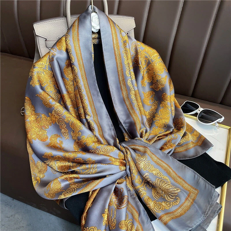 A009【金纹绮绣】70*180丽锦缎大尺寸夏季防晒女士丝巾