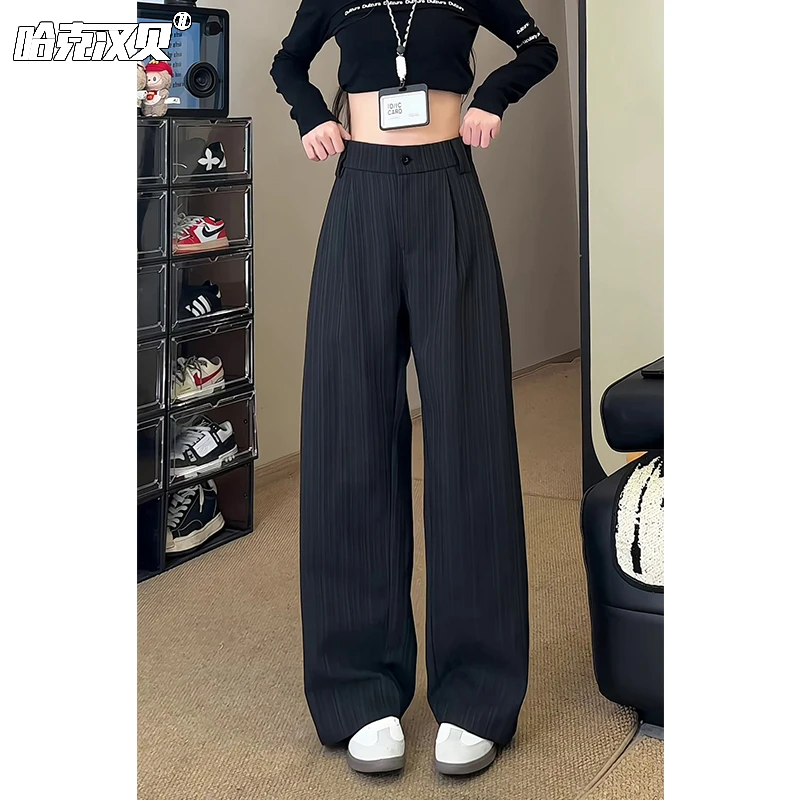 肌理感小西裤男女同款早秋垂感条纹直筒裤子宽松显瘦大码休闲长裤