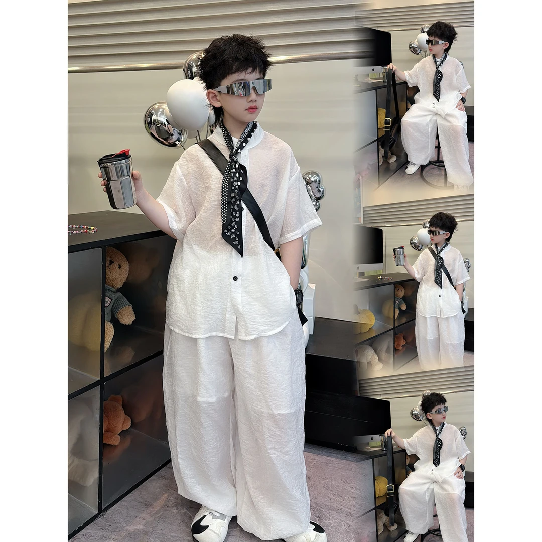 蛋蛋家【老钱风】夏季新款儿童洋气白色清爽透气简约套装