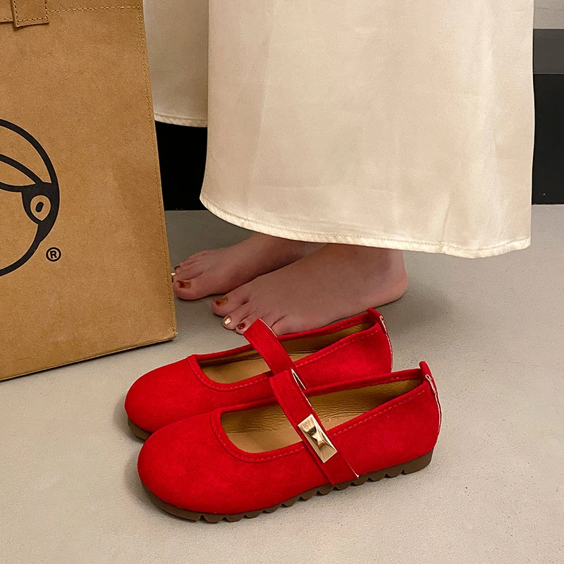 绒面红色浅口单鞋女春秋新款复古温柔仙女风休闲软平底玛丽珍鞋子