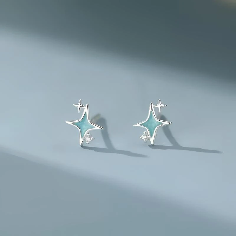 足银耳饰 【沐光之玥】日韩蓝色女少女风原创设计耳钉设计感