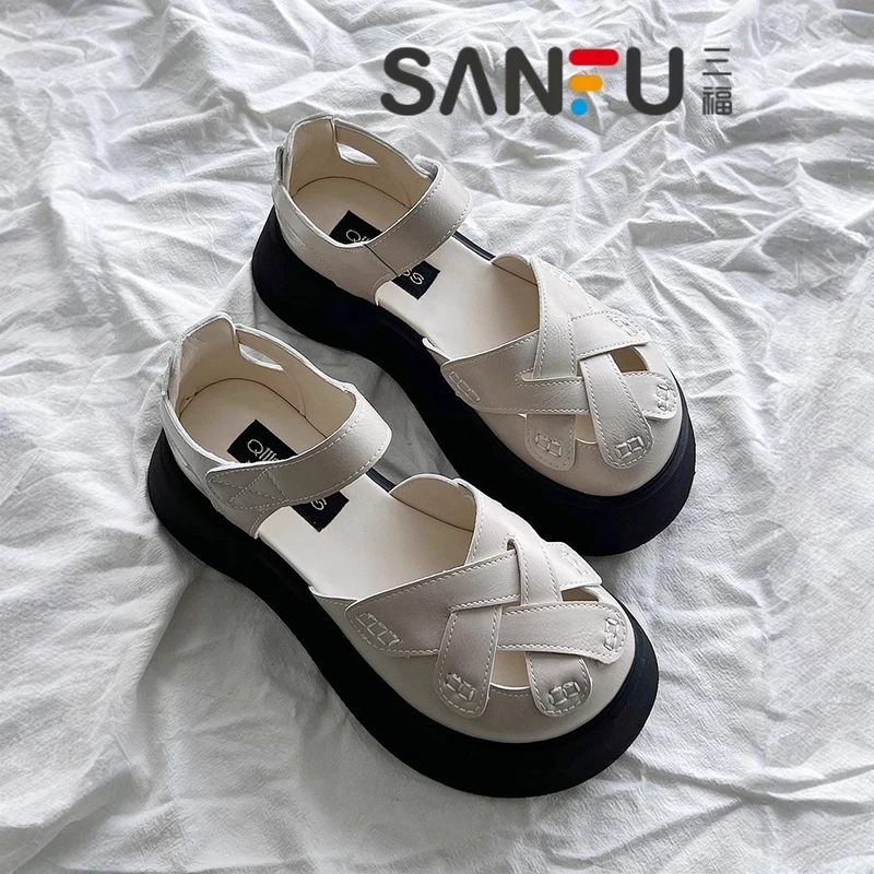 三福厚底包头凉鞋女2025新款夏季外穿配裙子休闲编织沙滩罗马凉鞋