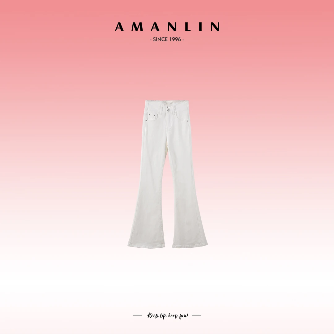 AMANLIN/阿謾琳202年白色微喇叭牛仔高腰复古纯色牛仔裤F595668