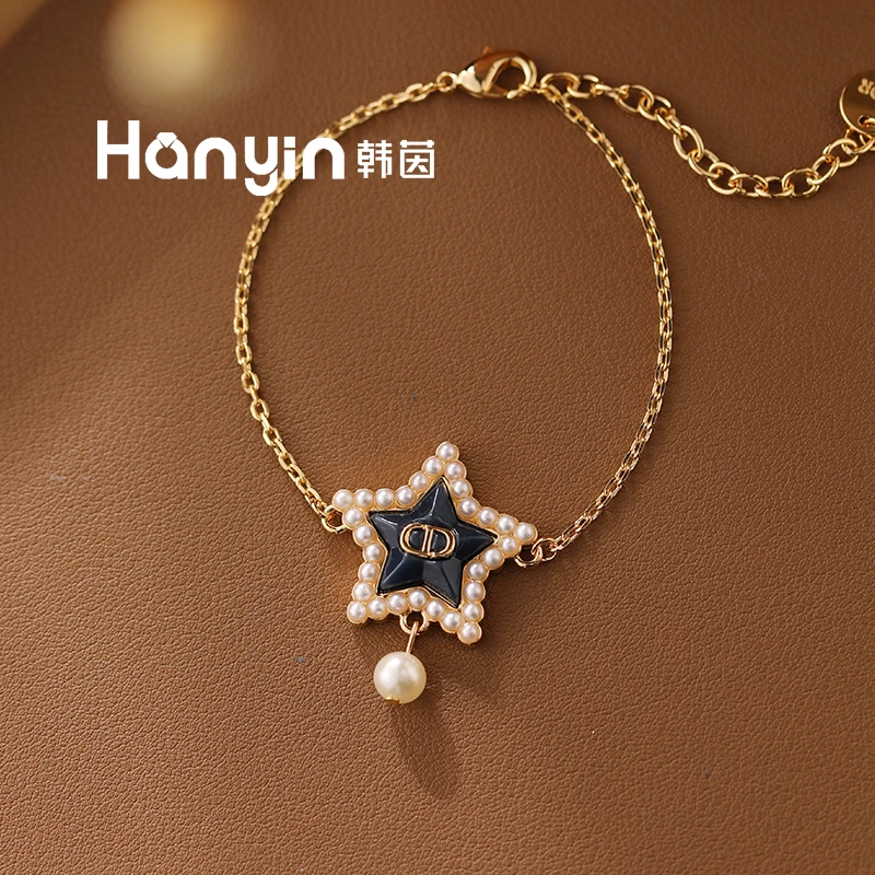 铜合金仿珍珠手链 韦雪同款CD黑色五角星珠珠手链AAA