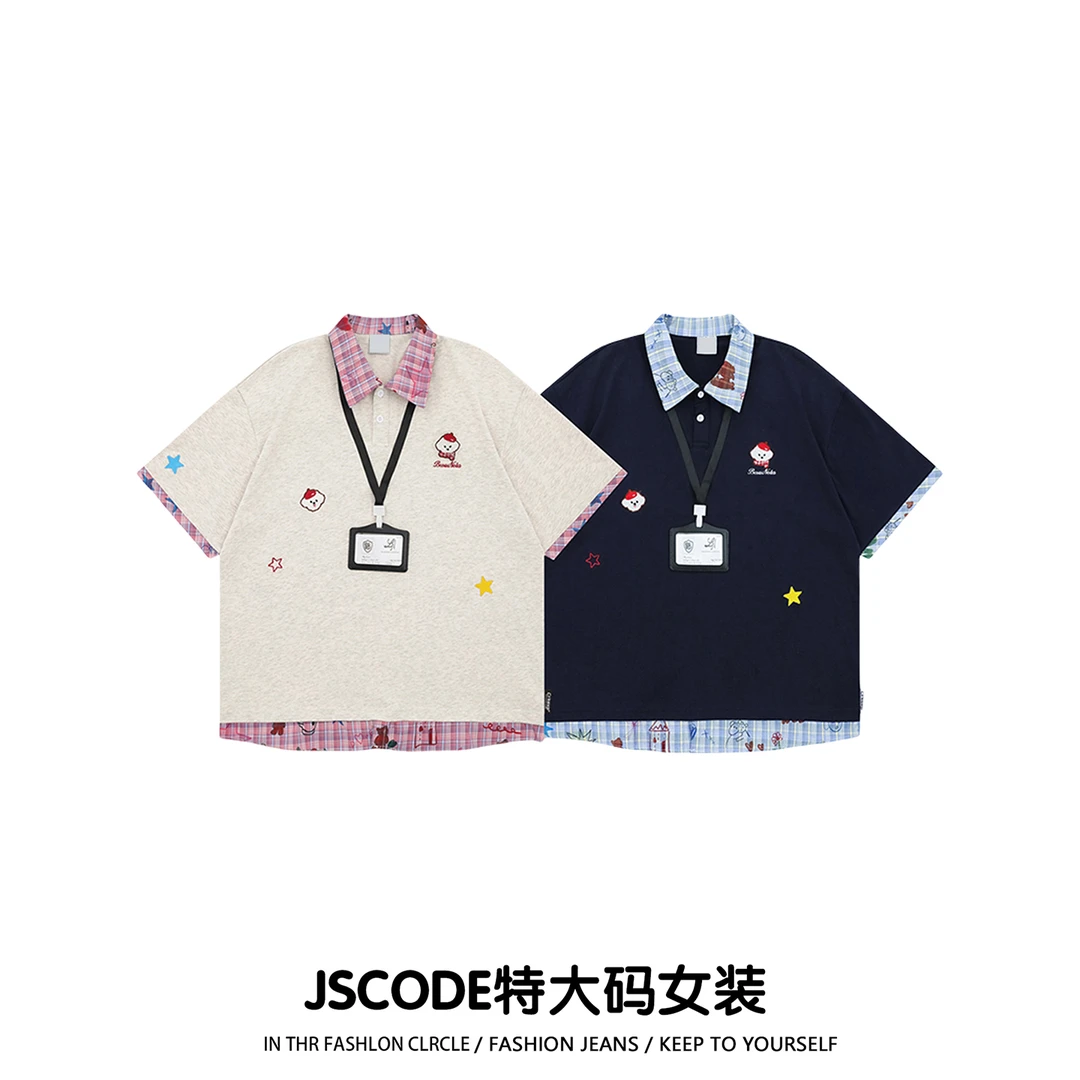 300斤特大码女装学院风格子拼接Polo领上衣女胖mm童趣百搭短袖T恤