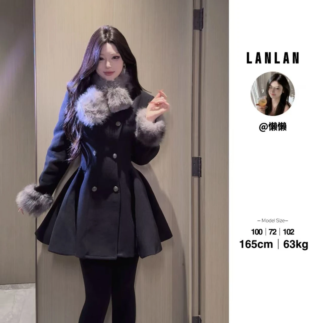 Lanlan-【雪国千金】高级感黑色显瘦收腰大衣气质外套收腰时尚