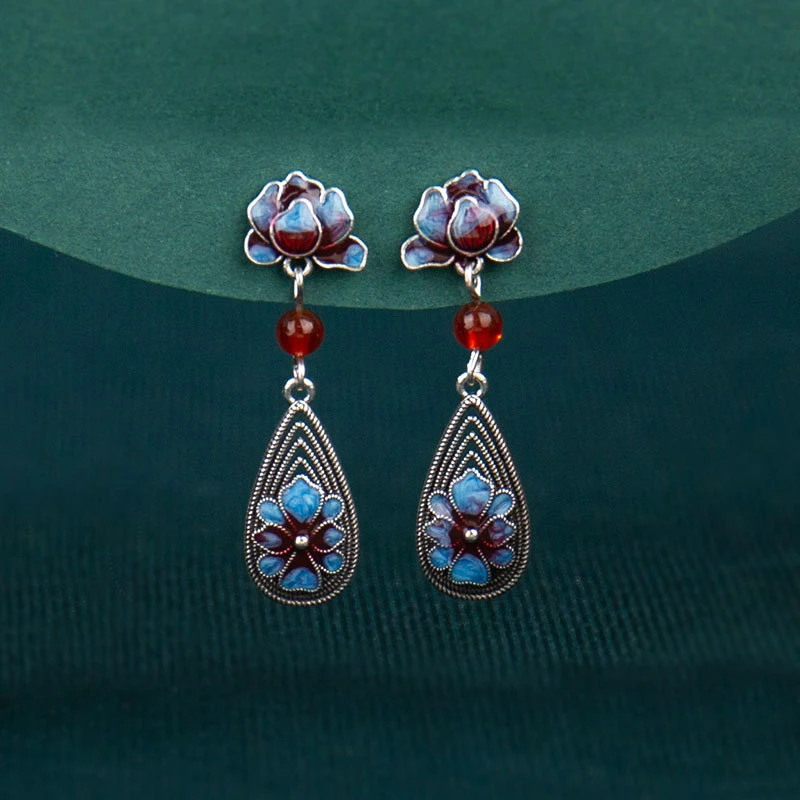 铜合金耳饰 782#新中式国风古典优雅景泰蓝烧蓝花朵耳环国潮复古