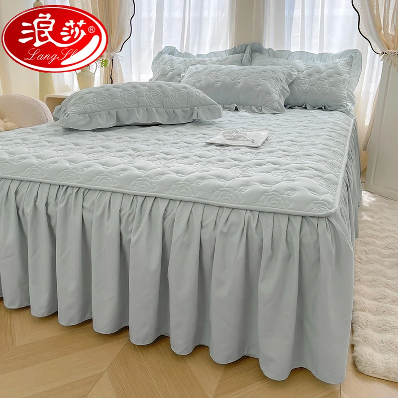 浪莎A类水洗磨毛床裙单件夹棉加厚花边床罩床单防尘罩套遮丑四季