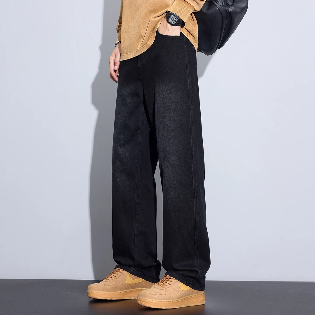 Kuvine2025秋季新款宽松直筒潮流美式百搭黑色复古水洗牛仔裤男士