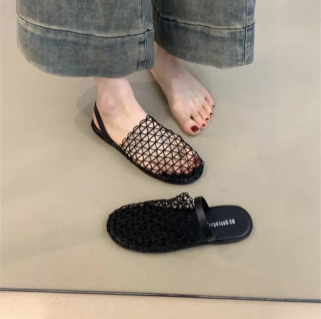 小众编织镂空网纱凉拖鞋女鞋子外穿2025新款夏季平底透气包头凉鞋