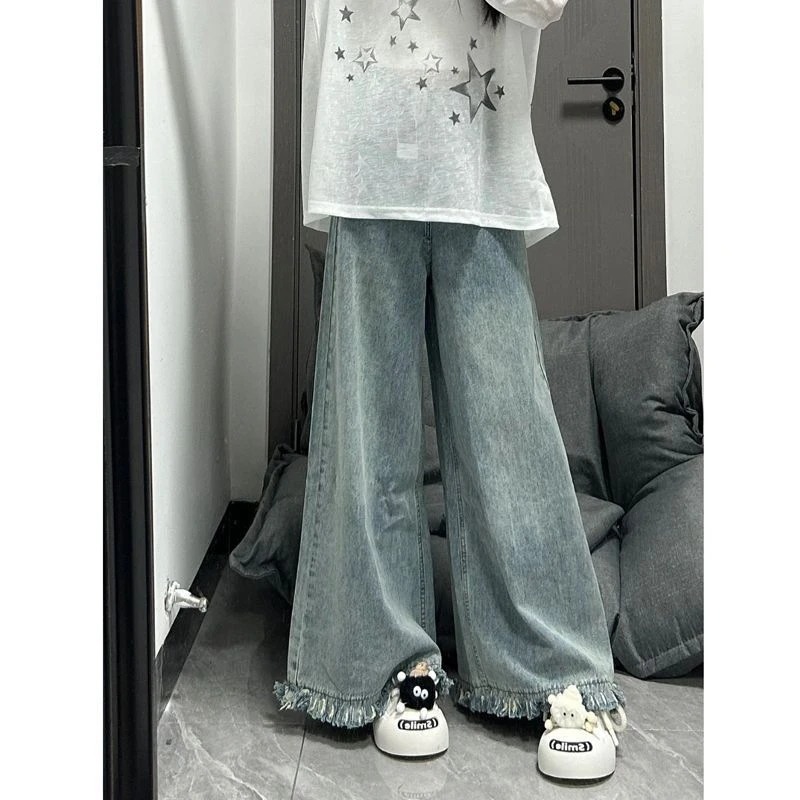 做旧牛仔裤辣妹小个子大阔腿毛边春秋长裤显瘦女复古高腰拖地垂感