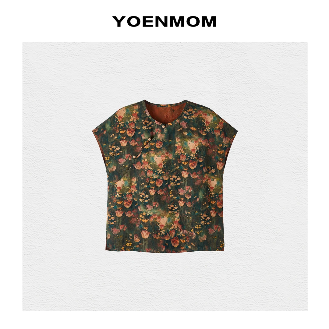 YOENMOM·莫奈玉兔·100桑蚕丝红云纱罗复古油画感大漆扣圆领上衣