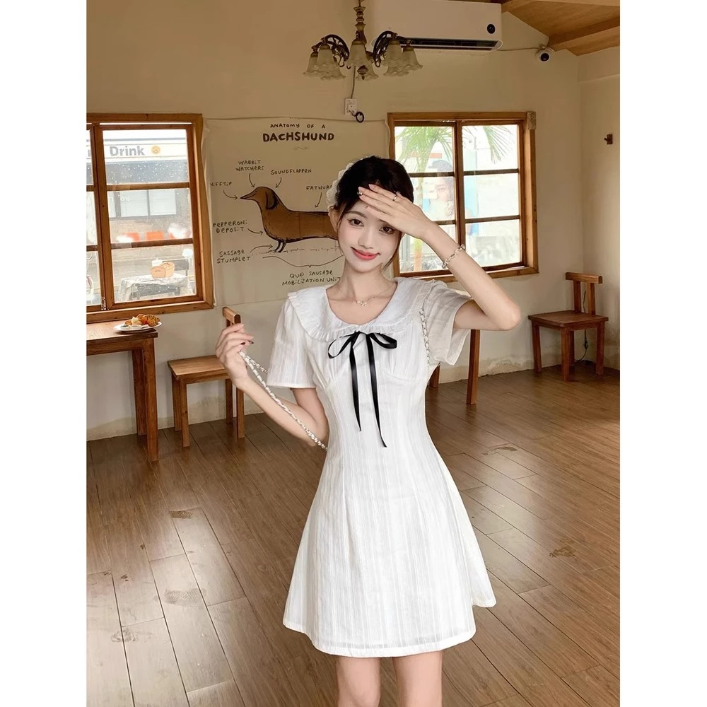 法式温柔风花边娃娃领短袖连衣裙2025夏季新款收腰显瘦气质短裙女