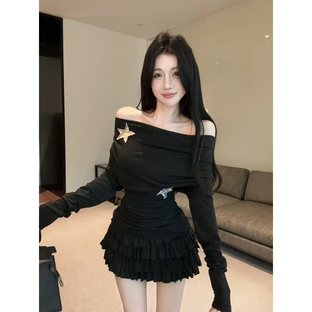 气质辣妹一字肩烫钻长袖上衣+高腰显瘦蛋糕蓬蓬裙法式纯欲两件套