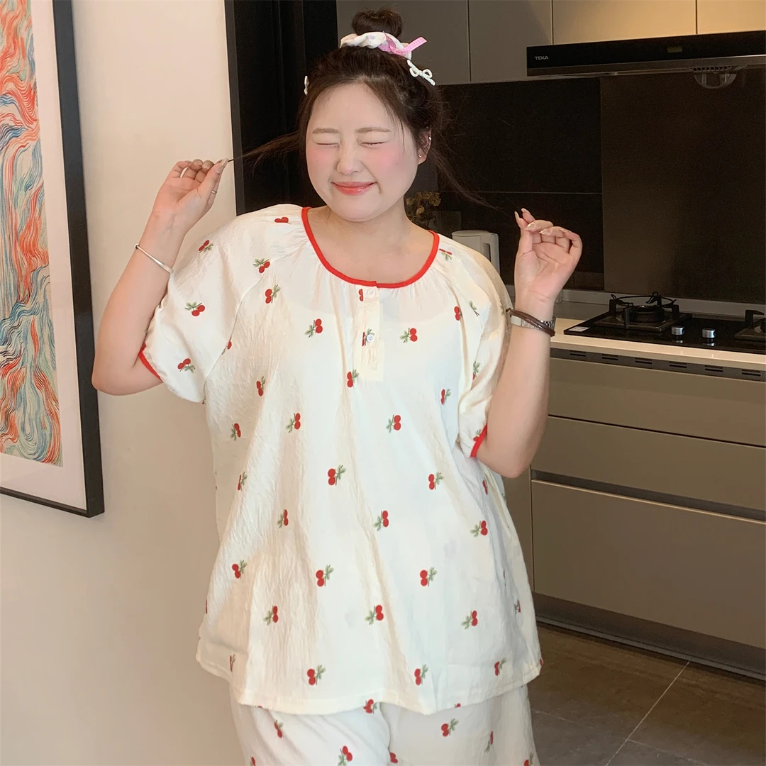 大码胖MM200斤云朵棉睡衣短袖短裤圆领印花樱桃草莓可爱公主小众