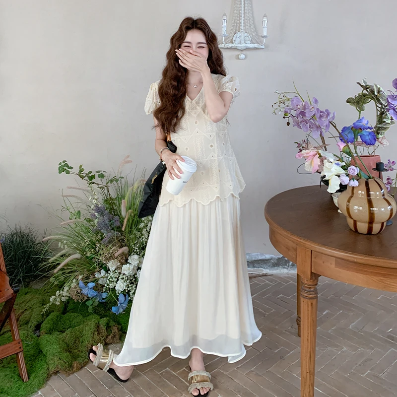 超好看白色短袖镂空上衣吊带裙女2025夏新款甜美气质半身裙两件套