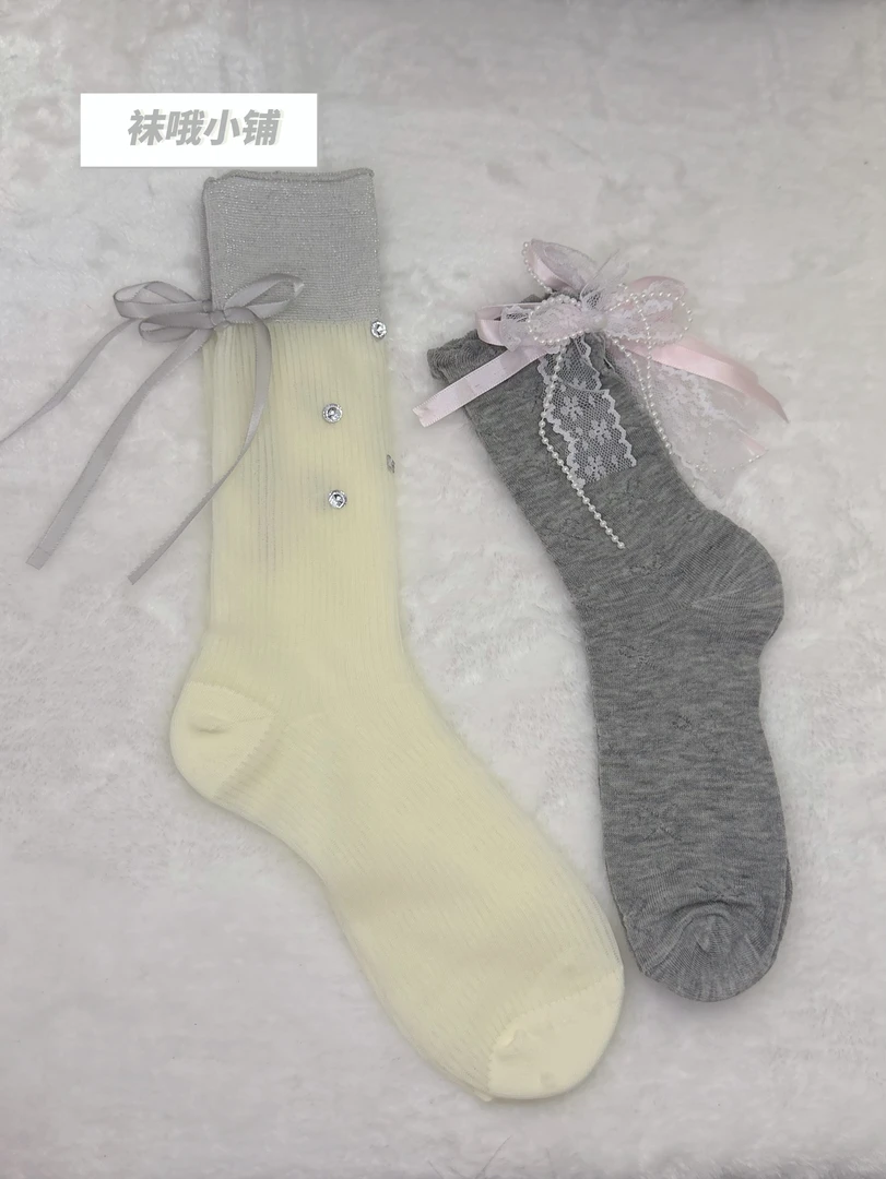 袜子对对碰（重工烫钻金银亮丝蝴蝶结公主风网纱镂空纯色中长筒袜）